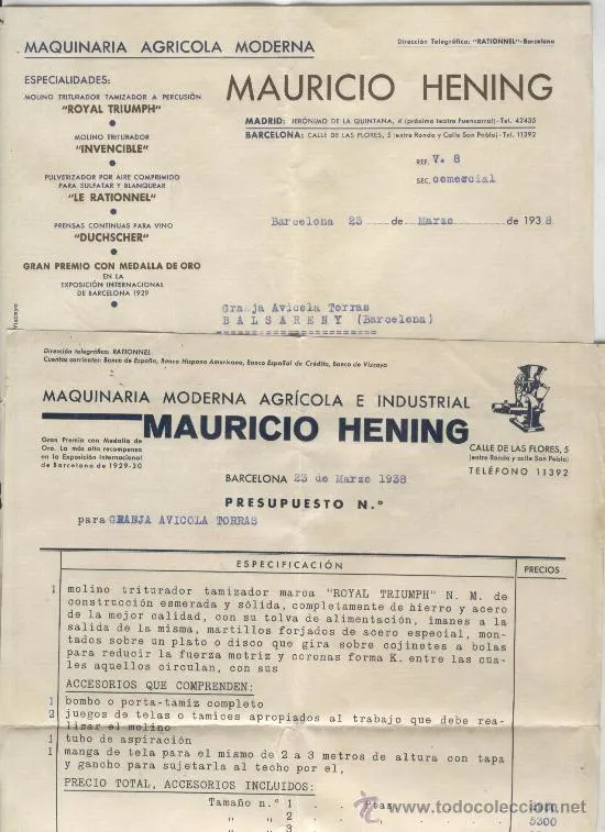 Pressupost de Mauricio Hening. Maquinaria moderna agrícola e industrial